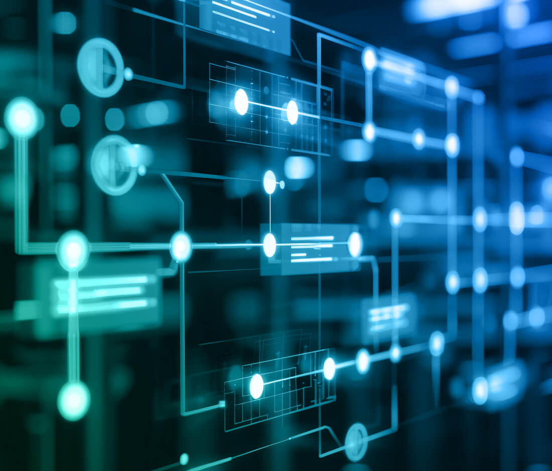 Abstract artwork of connected datapoints representing part of a Faro AI model used to design modern clinical trials