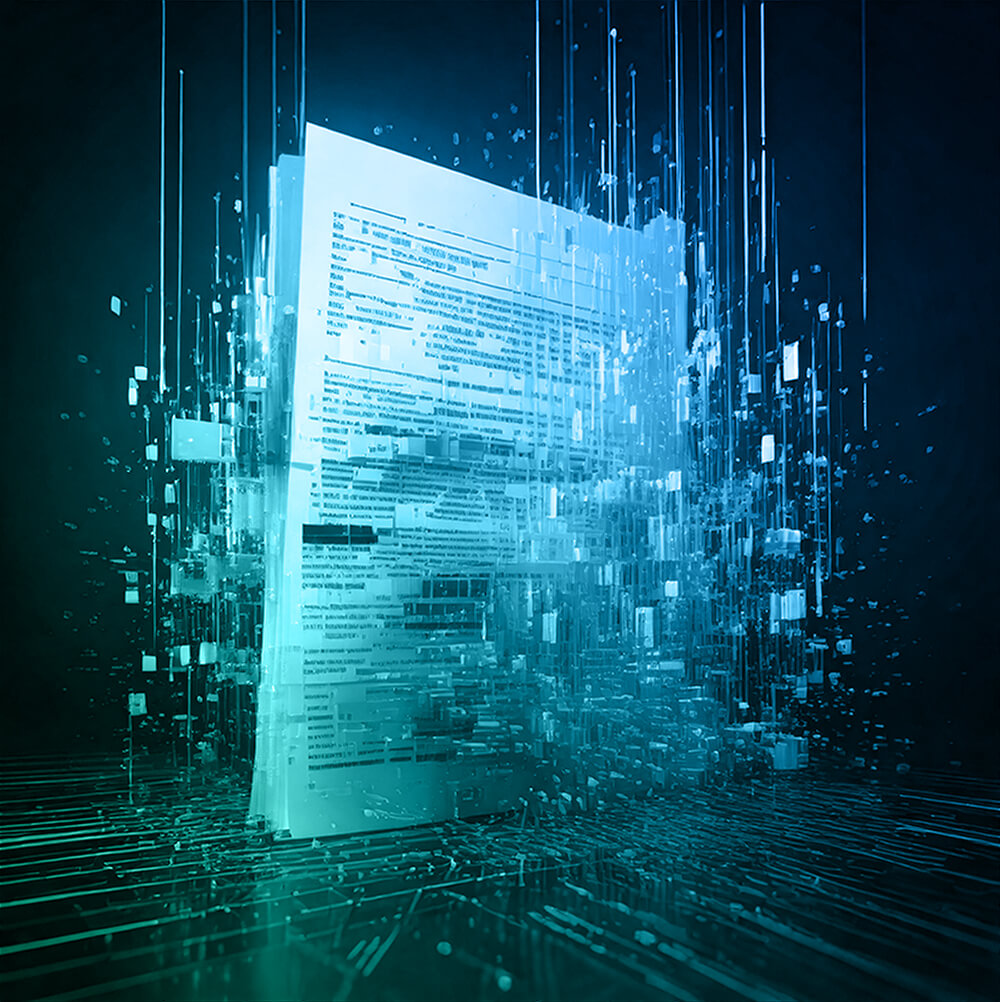 Digital artwork of a deconstructing document representing Faro Health’s AI-powered protocol design solution