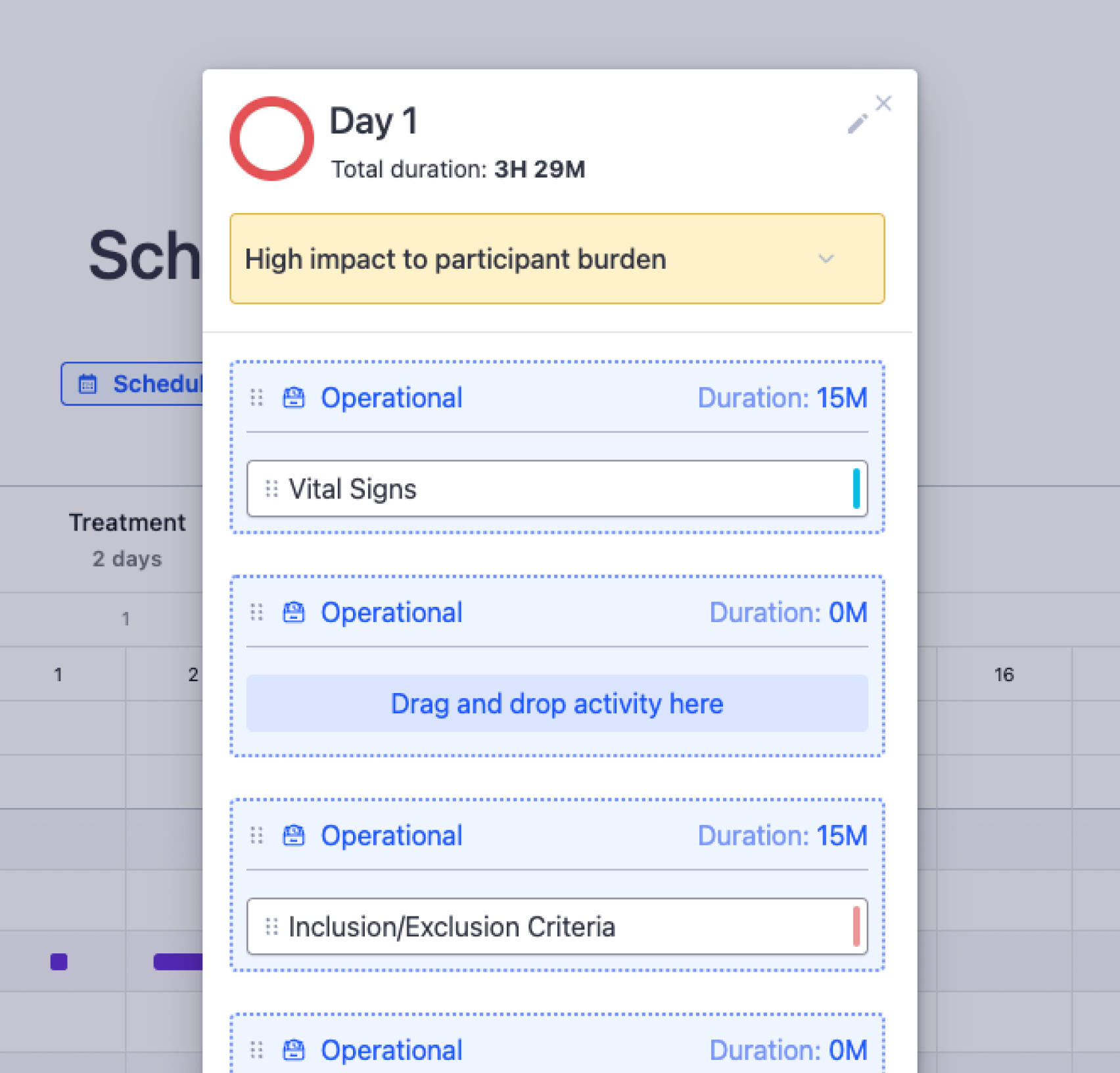 Snapshot of a Faro Health Study Designer module that alerts users to excessive patient burden